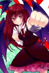  bat_wings blush clenched_hands clenched_teeth embellished_costume foreshortening frills grin head_wings headwings koakuma lace light_particles long_hair punching red_eyes red_hair redhead smile solo touhou wings yukian 