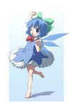  barefoot blue_hair cirno feet highres oka_(artist) oka_(bananashoe) outstretched_arm ribbon sketch standing_on_one_leg stretch touhou wink 