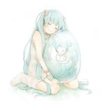  barefoot child closed_eyes egg hatsune_miku long_hair loose_socks plasm smile socks sweater_dress twintails vocaloid 