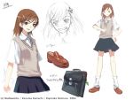  bag brown_eyes brown_hair character_sheet haimura_kiyotaka hair_ornament hairclip misaka_mikoto official_art school_bag school_uniform shoes sketch skirt sweater_vest to_aru_majutsu_no_index 