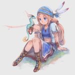  blue_eyes boots brown_hair dragon feathers highres long_hair midriff murayama murayama_ryouta sitting skirt smile soft_focus 