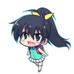  1girl bag black_hair blue_eyes chibi fang ganaha_hibiki idolmaster ponytail ribbon shiwo skirt solo young 