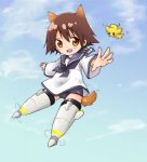  bird blush brown_eyes brown_hair chibi flying miyafuji_yoshika no_pants rimu rimu_(pixiv) school_swimsuit school_uniform short_hair sky strike_witches striker_unit striker_units swimsuit swimsuit_under_clothes tail 