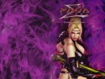  armor bare_shoulders blonde_hair blue_eyes breasts cleavage earrings elbow_gloves fighting_stance gloves hammer headband large_breasts leather lipstick ninja_gaiden official_art rachel solo tecmo tiara wallpaper weapon 