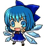  blue_eyes blue_hair bow chibi cirno dress hair_bow lowres short_hair solo touhou transparent_background wings 