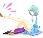  blue_eyes blue_hair feet geta heterochromia legs melodybullet red_eyes sandals short_hair single_shoe sitting solo tatara_kogasa touhou umbrella 