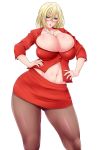  blonde_hair blue_eyes breasts bursting_breasts curvy glasses hands_on_hips huge_breasts jewelry navel necklace original pantyhose saogokushi short_hair simple_background skirt teacher thick_thighs thighs white_background wide_hips 