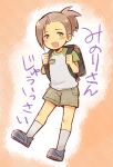  1boy backpack bag blush brown_eyes brown_hair child idolmaster idolmaster_side-m kneehighs male_focus ponytail shorts smile socks solo tsukasa_(merrymore) watanabe_minori white_legwear younger 