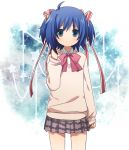  1boy ahoge blue_eyes blue_hair blush cardfight!!_vanguard cosplay crossdressinging hair_ribbon jiang-ge kamikita_komari kamikita_komari_(cosplay) little_busters!! male plaid plaid_skirt ribbon school_uniform sendou_aichi short_hair skirt smile trap twintails 