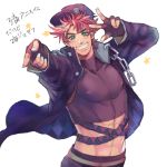  az_(kroneko007) blue_eyes chain cosplay fingerless_gloves gloves grin hat jojo_no_kimyou_na_bouken joseph_joestar_(young) kuujou_joutarou kuujou_joutarou_(cosplay) midriff pink_hair pointing school_uniform smile solo spiky_hair 