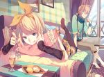  1boy 1girl alternate_costume aqua_eyes blonde_hair bow coffee_table couch detached_sleeves drink food fork glass hair_bow hair_ornament hairband hairpin heart indoors kagamine_len kagamine_rin looking_at_another lying older ovos picture_(object) pillow plate short_hair short_ponytail siblings sitting slippers suspenders table thigh-highs tongue tongue_out twins vocaloid window 