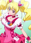  1girl blonde_hair choker cure_peach earrings fresh_precure! gradient gradient_background green_background hair_ornament heart heart_earrings heart_hair_ornament jewelry long_hair looking_at_viewer magical_girl manji_(tenketsu) momozono_love pink_eyes precure smile solo twintails 