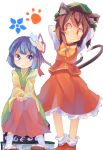  2girls amakoke animal_ears arms_behind_back book bow brown_hair cat_ears cat_tail chen earrings flower grin hair_flower hair_ornament hat hieda_no_akyuu japanese_clothes jewelry kimono looking_at_another multiple_girls multiple_tails purple_hair short_hair simple_background sitting smile tail touhou violet_eyes white_background 
