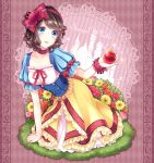  1girl apple arm_support blue_eyes bow brown_hair character_name checkered checkered_background choker collarbone corset dress flower food frilled_skirt frills fruit hair_bow hair_ribbon kneeling pale_skin puff_and_slash_sleeves puffy_short_sleeves puffy_sleeves ribbon ribbon-trimmed_clothes ribbon_choker ribbon_trim short_hair short_sleeves skirt smile snow_white snow_white_and_the_seven_dwarfs solo wavy_hair wrist_cuffs yuuna_minato 