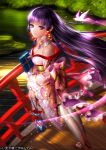  1girl airspace bare_shoulders breasts earrings fisheye from_above geta japanese_clothes jewelry kimono large_breasts light_smile long_hair purple_hair solo standing tenka_touitsu_chronicle thigh-highs very_long_hair violet_eyes 