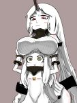  2girls breast_rest breasts breasts_on_head gloves horn kantai_collection large_breasts lifting long_hair multiple_girls n-desion northern_ocean_hime open_mouth pale_skin red_eyes seaport_hime shinkaisei-kan sweat white_hair yellow_eyes 