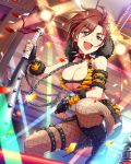  1girl belt bracelet breasts brown_hair chain choker cleavage club collar fingerless_gloves gloves green_eyes horns idolmaster idolmaster_cinderella_girls jewelry jpeg_artifacts kiba_manami looking_at_viewer open_mouth short_hair solo spiked_bracelet spiked_club spiked_collar spikes tiger_print weapon 