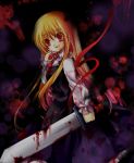 1girl :d alternate_hair_length alternate_hairstyle anna_(artist) blonde_hair blood blood_on_face bloody_clothes blouse dark darkness ex-rumia frilled_skirt frills long_hair looking_at_viewer open_mouth red_eyes ribbon rumia skirt smile sword touhou weapon 
