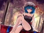  1girl blue_hair camisole hand_on_knee hat looking_at_viewer pink_eyes remilia_scarlet short_hair sitting sketch solo strap_slip takane_soprano touhou 