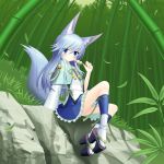  1girl animal_ears bamboo bamboo_forest blue_eyes blue_hair capelet dango food forest fox_ears fox_tail frilled_skirt frills grass grimorigin highres long_hair long_sleeves nature original rock sandals shirt sitting sitting_on_rock skirt smile tail wagashi wraith_the_etoile 