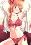  1girl armpits arms_up bangs bikini blush bow breasts collarbone front-tie_top gekkan_shoujo_nozaki-kun hair_bow kanden_suki long_hair looking_at_viewer navel open_clothes open_shirt orange_hair polka_dot polka_dot_bow polka_dot_swimsuit sakura_chiyo side-tie_bikini sitting solo sunlight swimsuit unbuttoned unmoving_pattern violet_eyes 