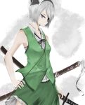  1girl blue_eyes fitz_(fita_is_the_smartest) hair_over_one_eye hairband hand_on_hilt hand_on_hip katana konpaku_youmu sheath sheathed short_hair silver_hair skirt skirt_set sleeveless small_breasts solo sword touhou vest weapon 