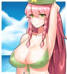  1girl armpits arms_behind_head bikini braid breasts clouds cloudy_sky front-tie_top green_bikini green_eyes hong_meiling large_breasts light_smile long_hair looking_at_viewer redhead sky solo_focus star_destroyer_(pixiv) swimsuit touhou twin_braids 