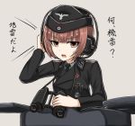  1girl alternate_costume bangs binoculars blunt_bangs brown_eyes brown_hair garrison_cap girls_und_panzer hand_on_headphones hat headphones iron_cross kantai_collection military military_uniform necktie rabochicken short_hair solo sweat translated uniform world_war_ii z3_max_schultz_(kantai_collection) 