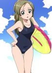  1girl :o brown_hair clouds green_eyes hands_on_hips long_hair manji_(tenketsu) minamino_kanade one-piece_swimsuit precure sky solo suite_precure swimsuit 