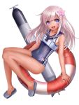  1girl :d bare_legs bare_shoulders blue_eyes blush covered_navel flower hair_flower hair_ornament highres kantai_collection lifebuoy long_hair looking_at_viewer mizya neckerchief open_mouth ro-500_(kantai_collection) sailor_collar school_swimsuit silver_hair simple_background slippers smile solo swimsuit swimsuit_under_clothes tan tanline torpedo white_background 