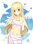  1girl aldnoah.zero aqua_eyes asseylum_vers_allusia bare_shoulders blonde_hair crop_top dress hand_on_own_chest jewelry long_hair looking_at_viewer midriff navel necklace outstretched_hand reaching smile solo stomach suke_(suraimubesulove) 