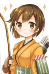  1girl arrow bow_(weapon) brown_eyes brown_gloves brown_hair bust flight_deck gloves hiryuu_(kantai_collection) japanese_clothes kantai_collection kohaku_(csacu) looking_at_viewer short_hair single_glove smile solo sparkle weapon white_background yugake 