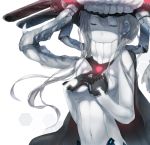  1girl black_gloves bodysuit bust cape closed_eyes covered_navel gloves hadean92 hands_on_own_chest hat hex_grid kantai_collection long_hair pale_skin shinkaisei-kan silver_hair small_breasts solo wo-class_aircraft_carrier 