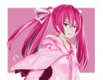  1girl akame_ga_kill! capelet fitz_(fita_is_the_smartest) hair_ribbon long_hair mine_(akame_ga_kill!) pink pink_eyes pink_hair ribbon small_breasts smile solo twintails 