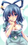  1girl blue_dress blue_eyes blue_hair breasts bust chin_rest cleavage dress flower hair_ornament hair_rings hair_stick kaku_seiga large_breasts light_smile lips looking_at_viewer puffy_short_sleeves puffy_sleeves short_sleeves simple_background sketch solo touhou yamu_(reverse_noise) 