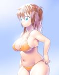  1girl adjusting_clothes adjusting_swimsuit aqua_eyes bare_shoulders bikini breasts brown_hair cleavage cowboy_shot gradient gradient_background large_breasts navel one_side_up onsoku_maru orange_bikini plump simple_background solo strap_gap swimsuit thighs 