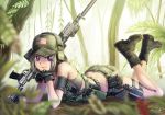  1girl american_flag arm_support battle_rifle camouflage combat_boots crossdraw_holster forest glock gloves gun handgun hat holster kws load_bearing_vest looking_at_viewer m14 military military_uniform mk_14_mod_0_ebr nature original rifle shorts silver_hair solo suppressor thigh_holster uniform variations violet_eyes weapon 