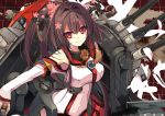  1girl brown_hair cherry_blossoms headgear kantai_collection long_hair looking_at_viewer machinery ponytail red_eyes shirokitsune smile solo turret yamato_(kantai_collection) 