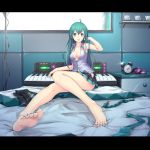  1girl ahoge alarm_clock alternate_hairstyle barefoot bed blush breasts cleavage clock detached_sleeves full_body gogatsu_no_renkyuu green_eyes green_hair hair_down hair_ornament hair_ornament_removed hatsune_miku letterboxed long_hair nail_polish necktie necktie_removed on_bed pleated_skirt sitting skirt sleeves_removed solo vest vocaloid 
