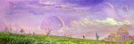  cloak clouds grass kio_naoki moon multiple_moons nature original purple_sky scenery sky traditional_media tree 