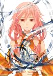  1girl bare_shoulders breasts center_opening cleavage crown detached_sleeves guilty_crown hair_ornament hairclip long_hair navel pink_hair red_eyes solo twintails yuzuriha_inori 