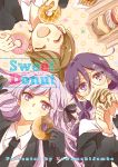  3girls asahina_aoi blush braid brown_hair closed_eyes cover cover_page dangan_ronpa doughnut doujin_cover fukawa_touko glasses gloves hair_ornament hairclip jacket kirigiri_kyouko long_hair multiple_girls necktie purple_hair round_glasses short_hair single_braid smile twin_braids violet_eyes zawameki 