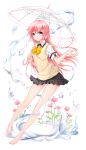  1girl bare_legs barefoot bow flower hair_flower hair_ornament juna long_hair original outstretched_hand pigeon-toed pink_eyes pink_hair school_uniform skirt solo sweater_vest water 