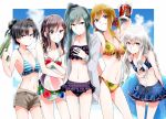  5girls ball beachball bikini black_hair blonde_hair braid can enomoto_takane green_hair innertube kagerou_project kido_tsubomi kisaragi_momo kozakura_mary long_hair maiori_00 multiple_girls navel red_eyes side_ponytail silver_hair smile swimsuit tateyama_ayano water_gun 