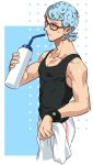  1boy blue_hair drink ghiaccio glasses hokuto_shun jojo_no_kimyou_na_bouken solo sweat tank_top 