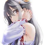  1girl adjusting_hair bare_shoulders blush breasts brown_eyes close-up detached_sleeves grey_hair hair_ornament hairband hairclip haruna_(kantai_collection) japanese_clothes kantai_collection long_hair looking_at_viewer natsupa nontraditional_miko ribbon-trimmed_sleeves ribbon_trim sarashi sideboob sweat 