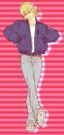  1boy barnaby_brooks_jr blonde_hair blue_jacket bomber_jacket denim hands_in_pockets jacket jeans keith_goodman keith_goodman_(cosplay) mamemo_(daifuku_mame) pants shoes sneakers solo tiger_&amp;_bunny 