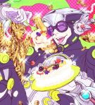  1boy cake coin food fork fruit goggles helmet mamemo_(daifuku_mame) money power_suit robin_baxter solo sparkle statue sweets tiger_&amp;_bunny 