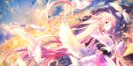  1girl azmodan bird blonde_hair blue_eyes braid choker city clouds gradient_hair ia_(vocaloid) long_hair looking_at_viewer multicolored_hair outstretched_arms skirt sky smile twin_braids very_long_hair vocaloid 