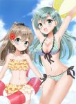  2girls :d armpits arms_up ball beachball bikini blue_eyes brown_hair frilled_bikini frills green_eyes green_hair highres innertube kantai_collection kumano_(kantai_collection) long_hair multiple_girls open_mouth polka_dot polka_dot_bikini polka_dot_swimsuit ponytail smile suzuya_(kantai_collection) swimsuit yoshikita_popuri 